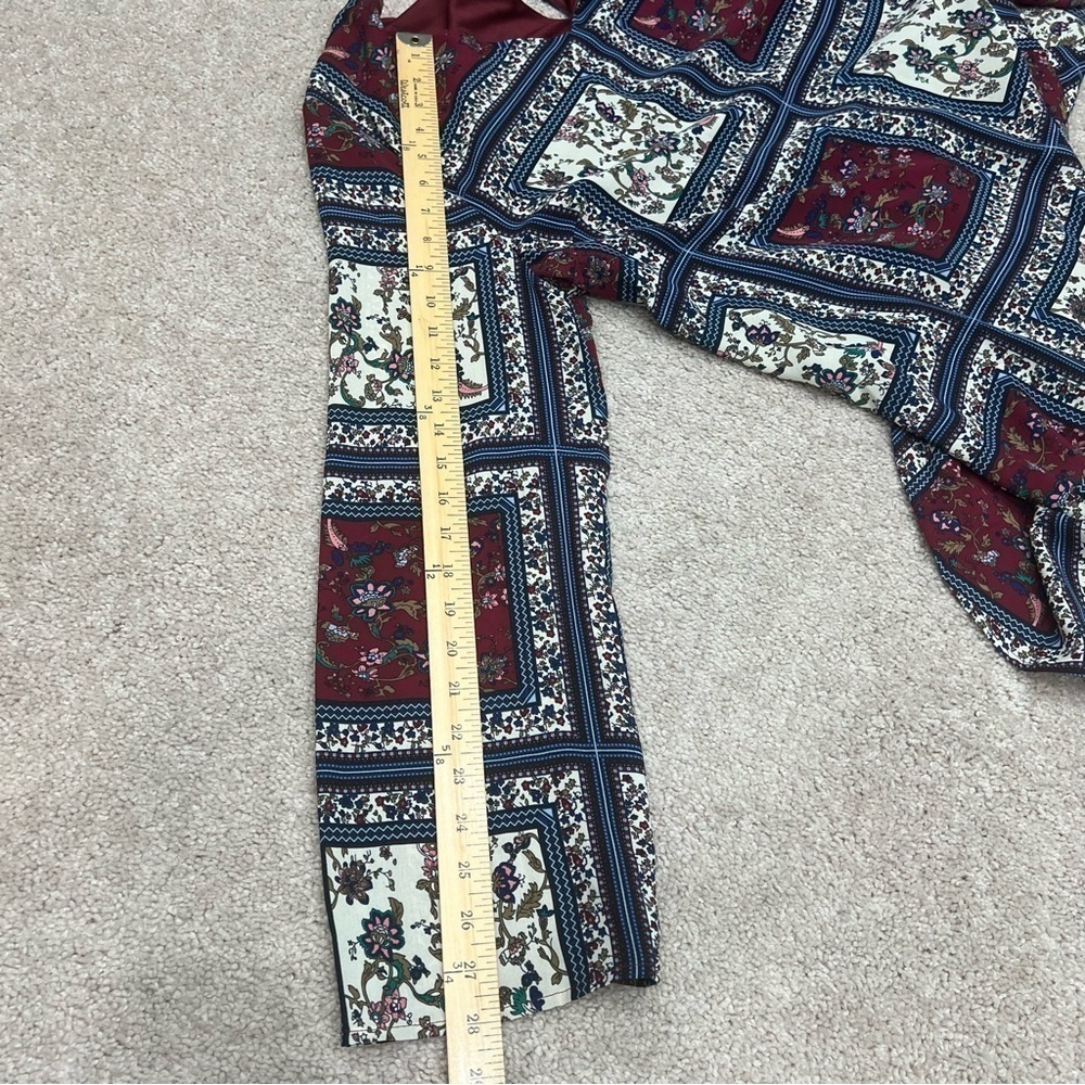 Lulu's Burgundy, Cream & Navy Patchwork Floral Ruffle-Hem Mini Dress - Picture 12 of 12